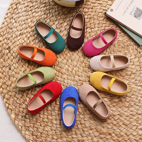 Mädchen Mary Jane Schuhe Kinder Bonbonfarben Rundkappe Flache Einzelschuhe Nubuk Textur Gummiband Tanzschuhe