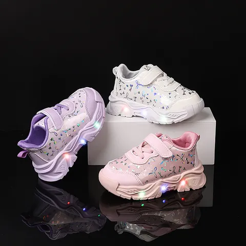 Toddler Kids Girls LED Light Up Sneakers Fashion Butterfly Bow Holographic Dad Shoes Breathable Anti Slip Hook And Loop Running Shoes