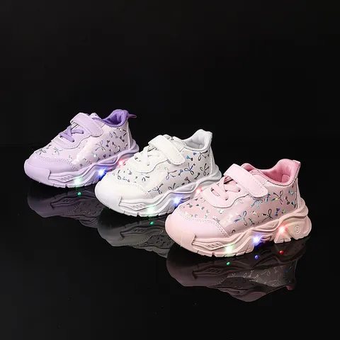 Toddler Kids Girls LED Light Up Sneakers Fashion Butterfly Bow Holographic Dad Shoes Breathable Anti Slip Hook And Loop Running Shoes