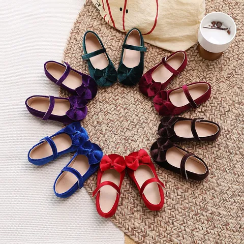 Girls Velvet Mary Jane Shoes Sweet Bow Princess Flat Shoes With Hook And Loop Closure For Kids Toddler Daily Party Dress
