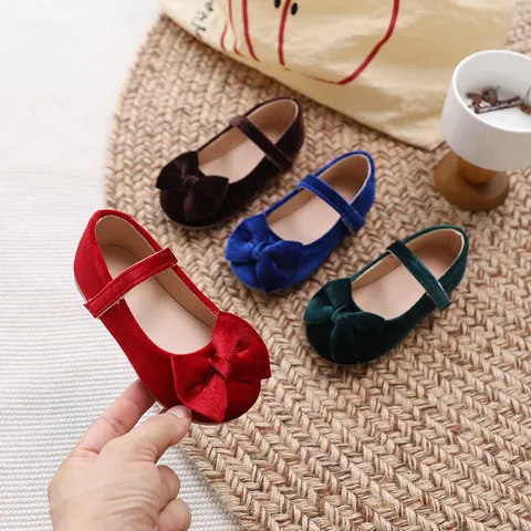 Girls Velvet Mary Jane Shoes Sweet Bow Princess Flat Shoes With Hook And Loop Closure For Kids Toddler Daily Party Dress