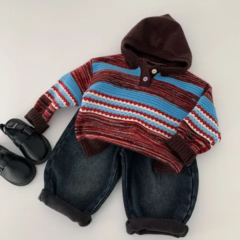 Kinderen Gebreide Trui Met Capuchon Meerkleurig Gestreept Lange Mouwen Zacht Winter Warm Voor Jongens Meisjes Casual Top