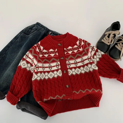 Cardigan in Maglia Rosso Retro per Bambini Maglione Manica Lunga Monopetto Motivo Fair Isle Stile Nordico Abbigliamento Invernale