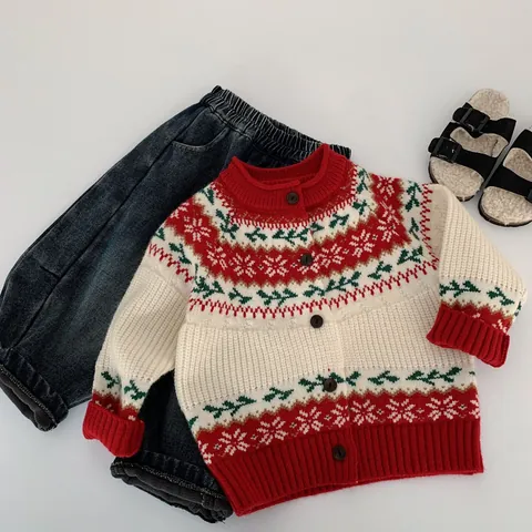 Cardigan Natalizio per Bambini in Misto Acrilico Fair Isle Fiocco di Neve Motivo di Pino Manica Lunga Girocollo Maglione per Ragazzi Ragazze