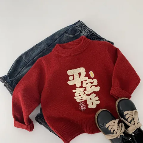 Pull en Tricot Rouge pour Enfants Garçons Filles Broderie Chaud Col Rond Manches Longues Vêtements d'Hiver