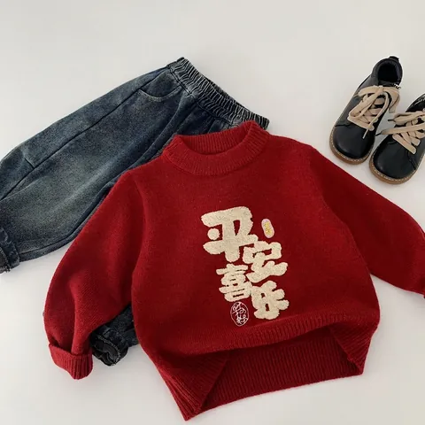 Pull en Tricot Rouge pour Enfants Garçons Filles Broderie Chaud Col Rond Manches Longues Vêtements d'Hiver