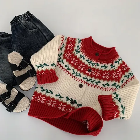 Cardigan Natalizio per Bambini in Misto Acrilico Fair Isle Fiocco di Neve Motivo di Pino Manica Lunga Girocollo Maglione per Ragazzi Ragazze