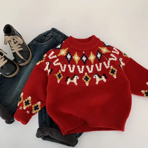 Kinder Pullover Trui Rood Gebreid Ronde Hals Lange Mouw Fair Isle Paard Patroon Warme Winter Top Voor Jongens Meisjes