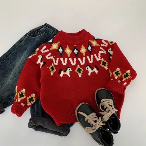 Kinder Pullover Trui Rood Gebreid Ronde Hals Lange Mouw Fair Isle Paard Patroon Warme Winter Top Voor Jongens Meisjes