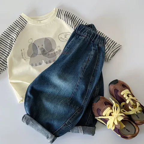 Pantaloni in Denim Larghi per Bambini Misto Cotone Jeans Blu Lavato Con Fascia Elastica in Vita per Bambini Ragazzi Ragazze Pantaloni Casual Stile Harem