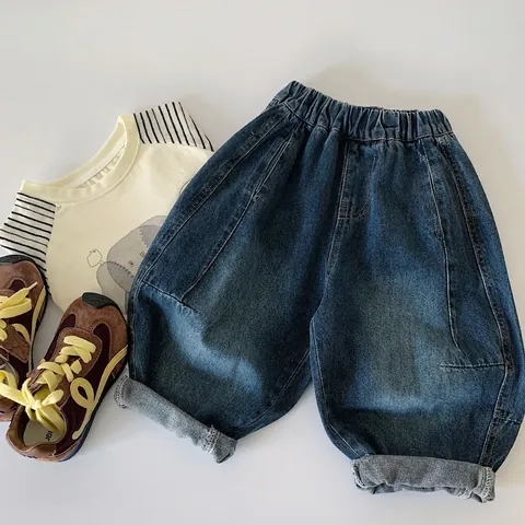 Pantaloni in Denim Larghi per Bambini Misto Cotone Jeans Blu Lavato Con Fascia Elastica in Vita per Bambini Ragazzi Ragazze Pantaloni Casual Stile Harem