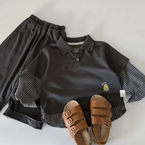 Boys Korean Style Fake Two-Piece Polo Sweatshirt Plaid Splicing Long Sleeve Top Or Casual Sweatpants Kids Autumn Spring Clothing