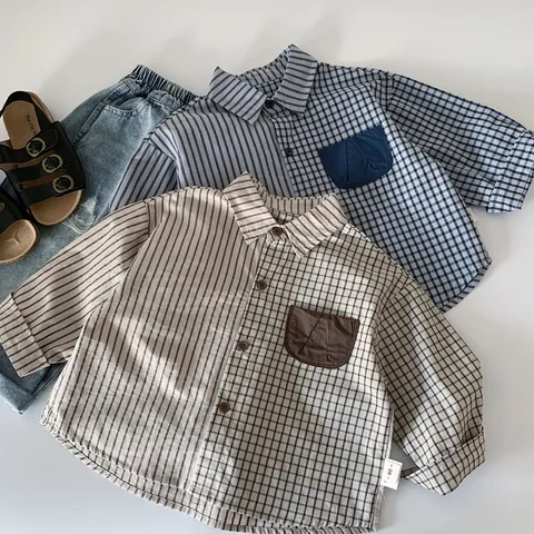 Boys Plaid Stripe Patchwork Shirt Long Sleeve Cotton Blend Button Up Casual Top For Kids Korean Style Spring Clothes