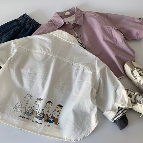 Jungen 100% Baumwolle Langarm Hemd Koreanischer Stil Lässig Cartoon Druck Umlegekragen Knopfleiste Oberteile Für Kinder