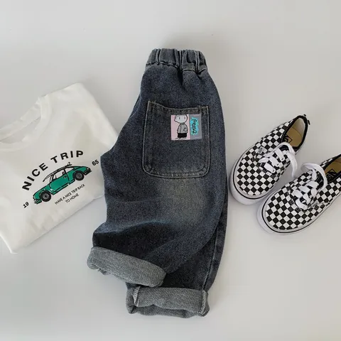 Jeans Décontractés Déchirés pour Garçons Écusson Cartoon Peanuts Pantalon en Denim à Taille Élastique pour Enfants Coton Douce Bleu Vintage