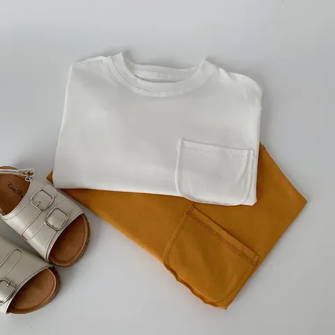 T-Shirt à Manches Longues Décontracté pour Enfants 100% Coton Col Rond Couleur Unie Haut Avec Poche Poitrine pour Garçons Filles