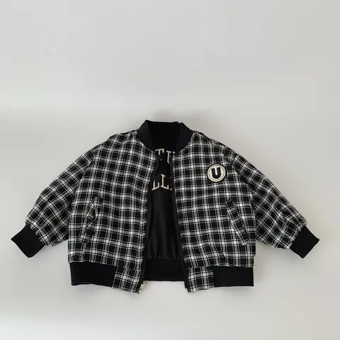 Boys Casual Reversible Bomber Jacket Polyester Cotton Black White Gingham Embroidered Letter Spring Autumn Children Coat