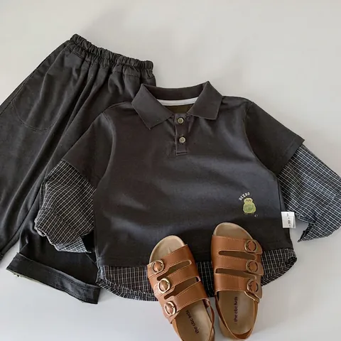 Boys Korean Style Fake Two-Piece Polo Sweatshirt Plaid Splicing Long Sleeve Top Or Casual Sweatpants Kids Autumn Spring Clothing