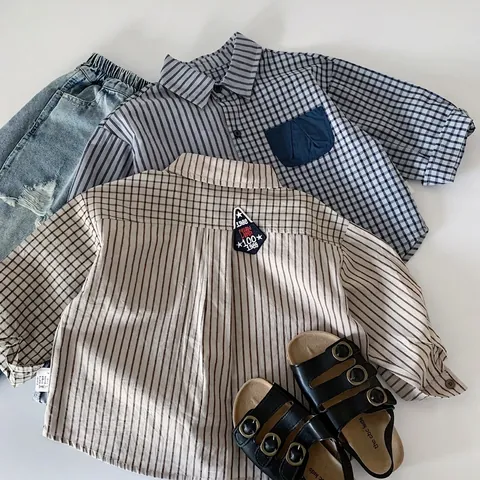 Boys Plaid Stripe Patchwork Shirt Long Sleeve Cotton Blend Button Up Casual Top For Kids Korean Style Spring Clothes