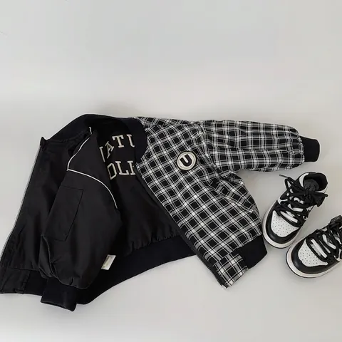 Boys Casual Reversible Bomber Jacket Polyester Cotton Black White Gingham Embroidered Letter Spring Autumn Children Coat