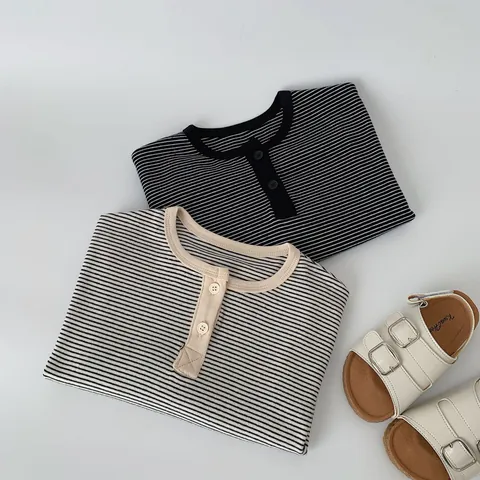 Kinder Gestreift Langarm T-Shirt Baumwollmischung Rundhals Henley Top Jungen Mädchen Atmungsaktiv Weich Lässig Kleidung