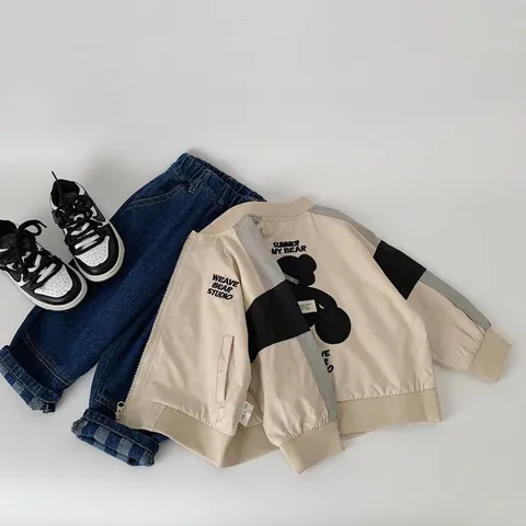 Chaqueta de Bloques de Color de Oso de Dibujos Animados para Niños Casual Primavera Otoño Abrigo con Cremallera para Niños Niñas Ropa de Abrigo Patchwork