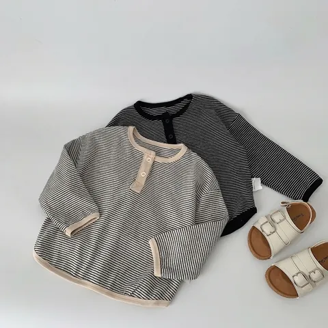 Kinder Gestreift Langarm T-Shirt Baumwollmischung Rundhals Henley Top Jungen Mädchen Atmungsaktiv Weich Lässig Kleidung