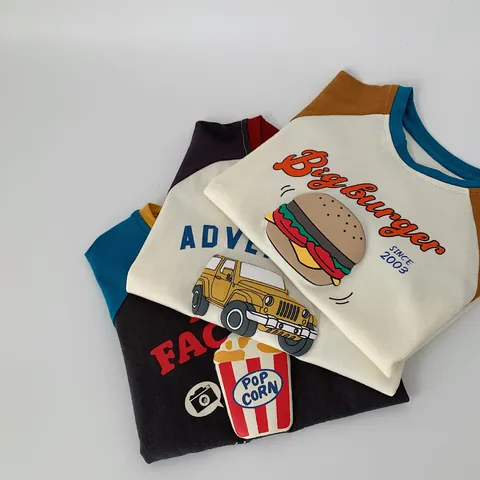Kids Cotton Raglan Long Sleeve T-Shirt American Vintage Cartoon Jeep Burger Print Contrast Color Boys Girls Casual Top