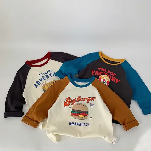 Kids Cotton Raglan Long Sleeve T-Shirt American Vintage Cartoon Jeep Burger Print Contrast Color Boys Girls Casual Top