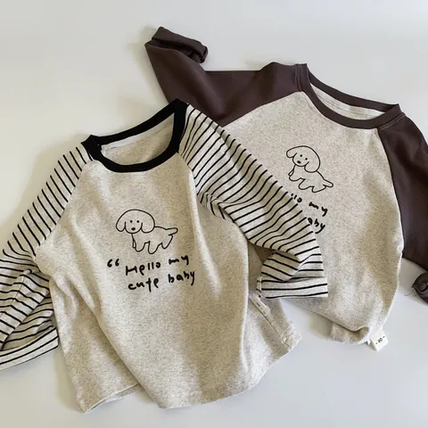 Kids Cotton Raglan Long Sleeve T-Shirt Cartoon Dog Panda Animal Print Casual Pullover Top For Boys Girls