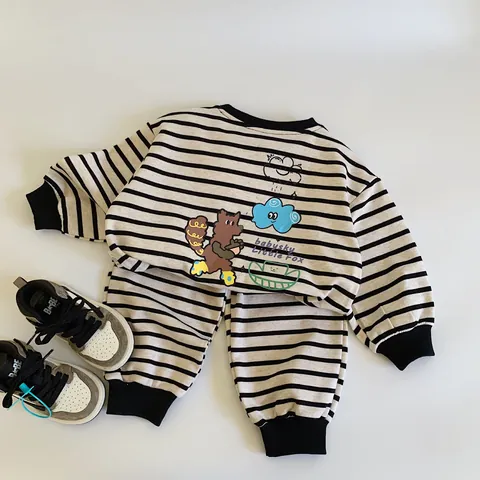 Ensemble Sweat-shirt et Pantalon à Rayures pour Enfants Motif Renard de Dessin Animé Haut à Manches Longues Décontracté