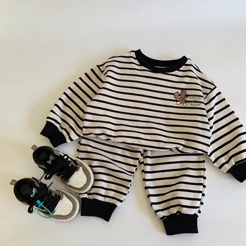 Ensemble Sweat-shirt et Pantalon à Rayures pour Enfants Motif Renard de Dessin Animé Haut à Manches Longues Décontracté