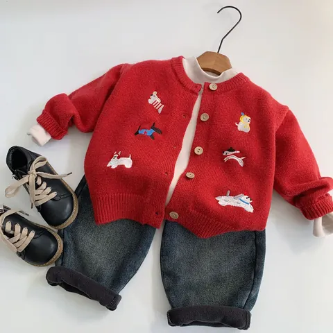 Gilet en Tricot Rouge pour Enfants Pull Broderie Chien Dessin Animé Manches Longues Col Rond Vêtements d'Hiver Chauds Garçons Filles