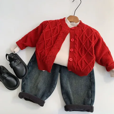 Cardigan in Maglia a Trecce Rosso per Bambini e Bambine Maglione Invernale Caldo Manica Lunga Monopetto Abbigliamento Capodanno