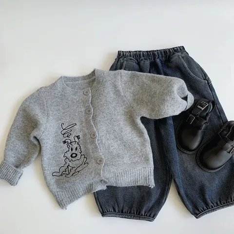 Kids Knitted Cardigan Sweater Boys Girls Winter Korean Style Cartoon Dog Embroidery Polyester Wool Blend Button Up Jacket
