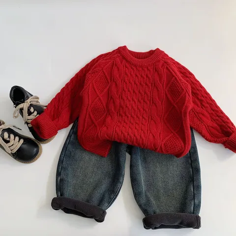 Maglione a Trecce per Bambini Inverno Caldo Ispessito Maglia a Maniche Lunghe Girocollo Jumper Ragazzi Ragazze Top Casual
