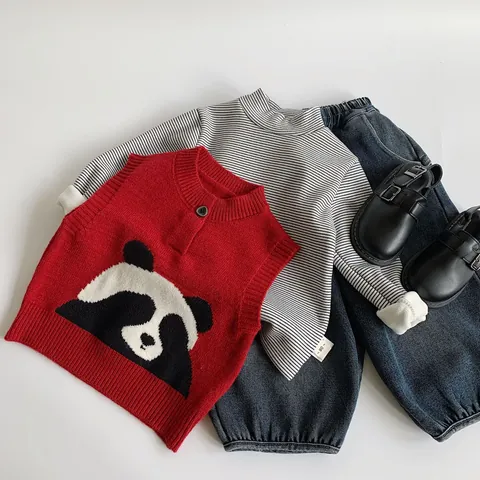 Kids Children Cute Panda Cartoon Knit Sweater Vest Pullover Sleeveless Warm Winter Waistcoat For Boys Girls Daily Wear