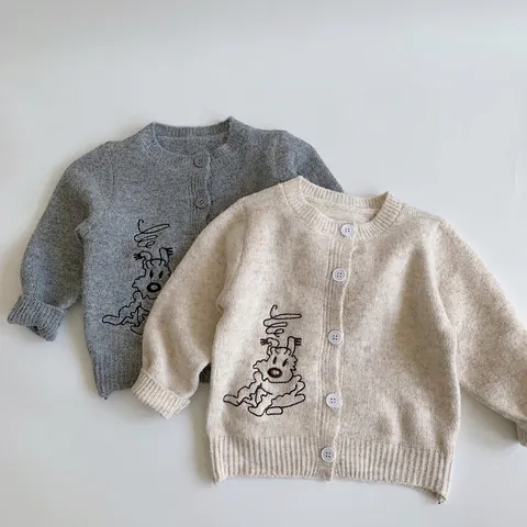 Kids Knitted Cardigan Sweater Boys Girls Winter Korean Style Cartoon Dog Embroidery Polyester Wool Blend Button Up Jacket