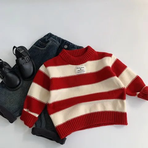 Pull en tricot à rayures rouges et blanches pour enfants Manches longues Col rond Décontracté Chaud Vêtements garçons filles