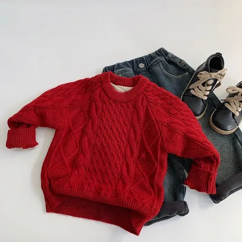 Maglione a Trecce per Bambini Inverno Caldo Ispessito Maglia a Maniche Lunghe Girocollo Jumper Ragazzi Ragazze Top Casual