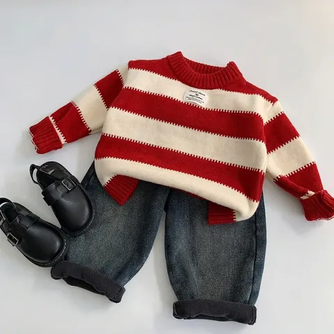 Pull en tricot à rayures rouges et blanches pour enfants Manches longues Col rond Décontracté Chaud Vêtements garçons filles