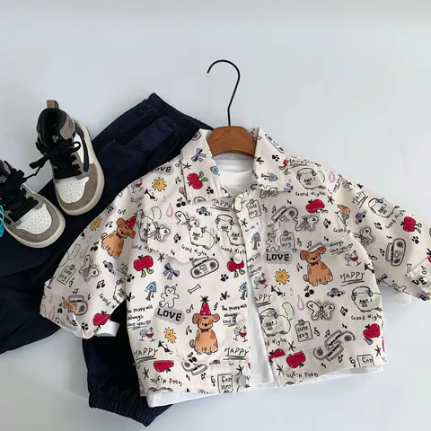 Camicia a Maniche Lunghe in Cotone con Stampa Cane Cartoon Unisex per Bambini Revers Abbottonato Giacca Casual Primavera Autunno