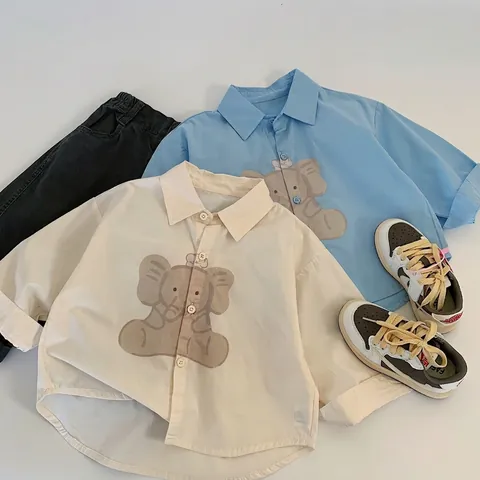 Kids Cotton Long Sleeve Shirt Cute Cartoon Elephant Pattern Turn-down Collar Button Up Casual Top For Boys Girls