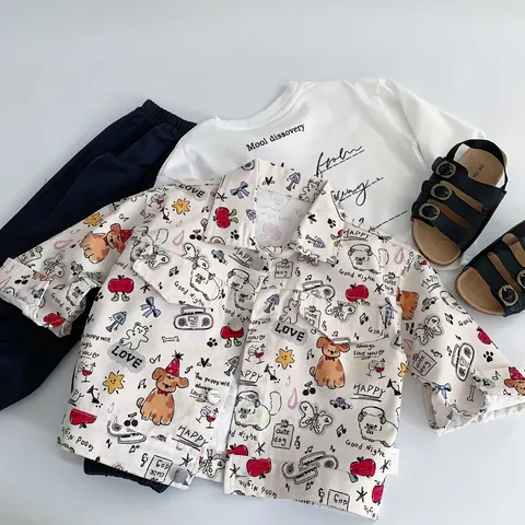 Camicia a Maniche Lunghe in Cotone con Stampa Cane Cartoon Unisex per Bambini Revers Abbottonato Giacca Casual Primavera Autunno