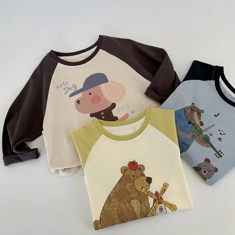 Kids Cotton Raglan Long Sleeve T-Shirt Cute Cartoon Bear Dog Pattern Contrast Color Crew Neck Casual Top For Boys Girls