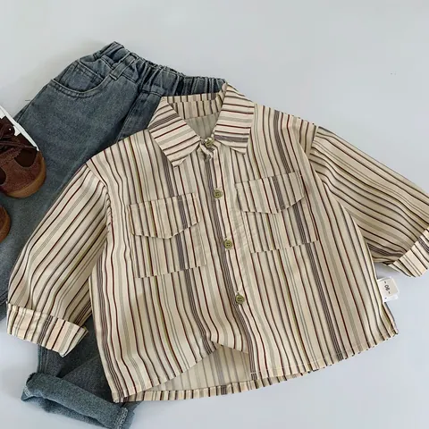 Camicia a Strisce a Maniche Lunghe Ragazzo 100% Cotone Rever Bottoni Top Casual per Bambini Abbigliamento Autunno Primavera