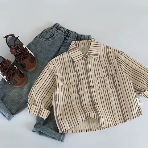 Camicia a Strisce a Maniche Lunghe Ragazzo 100% Cotone Rever Bottoni Top Casual per Bambini Abbigliamento Autunno Primavera