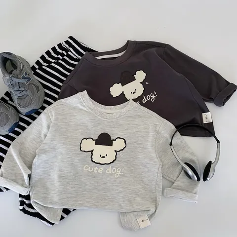 Maibao Kids Long Sleeve T-Shirt Korean Style Cartoon Dog Print Round Neck Sweatshirt Cotton Blend Top Boys Girls Clothing