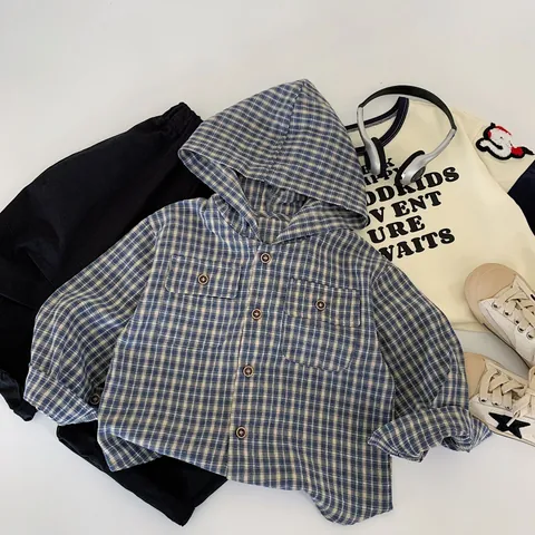 Kids Plaid Hooded Shirt Boys Girls Casual Long Sleeve Button Down Blouse Korean Style Polyester Blend Tops 3-8 Years