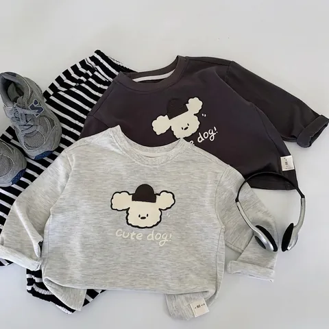 Maibao Kids Long Sleeve T-Shirt Korean Style Cartoon Dog Print Round Neck Sweatshirt Cotton Blend Top Boys Girls Clothing